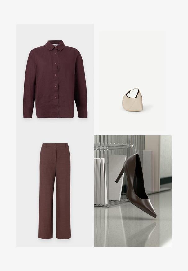 Chemise à manches longues, boutonnée, de couleur bordeaux foncé avec un col pointu et des poignets boutonnés, présentée sur un fond blanc.; Pantalons larges marron en tissu texturé avec une finition lisse, présentant un devant plat, des passants de ceinture et des poches latérales.; Chaussure en cuir marron foncé à talon haut flottant au-dessus d'un sol réfléchissant près d'une étagère métallique avec des panneaux blancs dans une pièce.; Sac à main en cuir beige en forme de croissant avec une seule bandoulière et des coutures minimalistes, posé sur un fond blanc uni.
