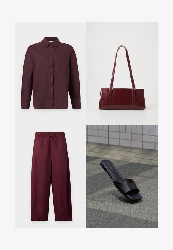 Chemise à manches longues, boutonnée, de couleur bordeaux foncé avec un col pointu et des poignets boutonnés, présentée sur un fond blanc.; Pantalon ample couleur bordeaux avec taille élastique et cordon de serrage, jambes droites, sans poches visibles ni motifs.; Sandale slide marron foncé à bout carré et large bride, posée sur un goudron gris près d'un trottoir carrelé.; Sac à main bordeaux en matériau brillant, de forme rectangulaire, avec deux anses et des accents légèrement courbés à l'avant.