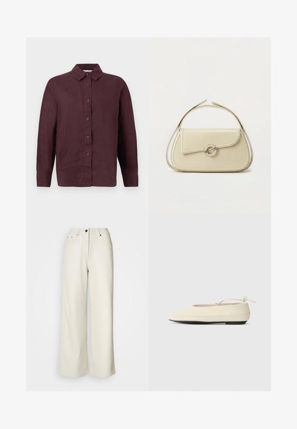 Chemise à manches longues, boutonnée, de couleur bordeaux foncé avec un col pointu et des poignets boutonnés, présentée sur un fond blanc.; Pantalons larges de couleur crème en tissu lisse. Dotés d'une taille mi-haute, d'une fermeture éclair et de deux poches avant avec des accents en matériel noir.; Des chaussures plates de couleur crème avec un bout arrondi, une sangle à la cheville et une semelle en caoutchouc noir contrastante. Matériau lisse avec un detailing minimal.; Sac à main en cuir crème avec rabat incurvé, fermoir circulaire en argent et poignée courte sur le dessus, sur fond blanc uni.