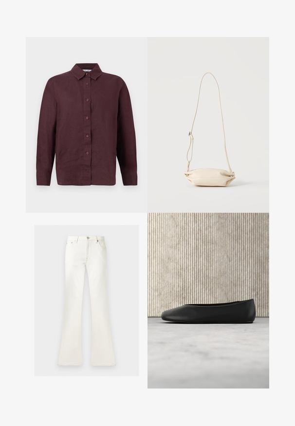 Chemise à manches longues, boutonnée, de couleur bordeaux foncé avec un col pointu et des poignets boutonnés, présentée sur un fond blanc.; Jean blanc taille haute avec fermeture bouton et zip, poches avant et jambes larges évasées sur un fond uni.; Ballerine en cuir noir avec un bout arrondi, texture lisse et un accent logo doré sur le côté. Placée au-dessus d'une surface réfléchissante.; Petit sac bandoulière en cuir beige avec sangle ajustable, présenté sur un fond clair uni.
