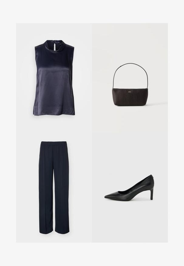 Haut sans manches en satin bleu marine foncé, doté d'un col montant et d'une fermeture en trou de serrure au dos. Texture lisse avec une coupe légèrement ample.; Pantalon droit bleu marine foncé avec taille élastique et détail subtil de pli avant, présenté sur un fond uni.; Escarpin à bout pointu en cuir noir avec un talon fin de hauteur moyenne sur un fond gris clair uni.; Sac à main noir tissé texturé avec une seule bandoulière et un petit logo doré "BOSS" au centre devant.