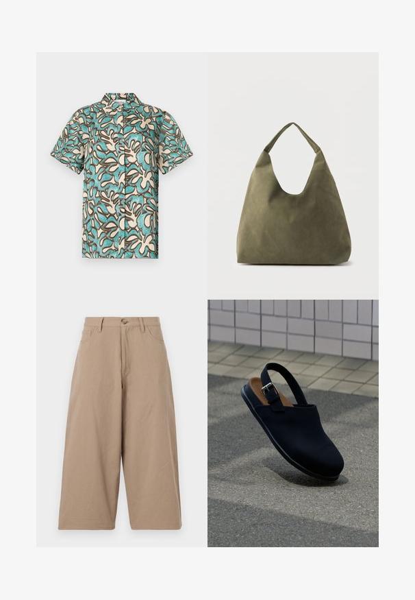 Kurzarmhemd in Creme mit blau-braunem abstraktem Muster, mit Knopfleiste und klassischem Kragen. Weicher Stoff. ; Beige weite Baumwollhosen mit hoher Taille, frontalen Taschen und einer einzelnen Knopfverschluss. Glatte Textur und gerader Schnitt.; Schwarzer geschlossener Slingback-Schuh mit silberner Schnallenriemen, brauner Innensohle, schwebend über grauem Asphalt mit gefliestem Wandhintergrund.; Weiche Schultertasche aus olivgrünem Leder mit einem breiten, einzelnen Träger und einer entspannten, unstrukturierten Form auf hellem Hintergrund.