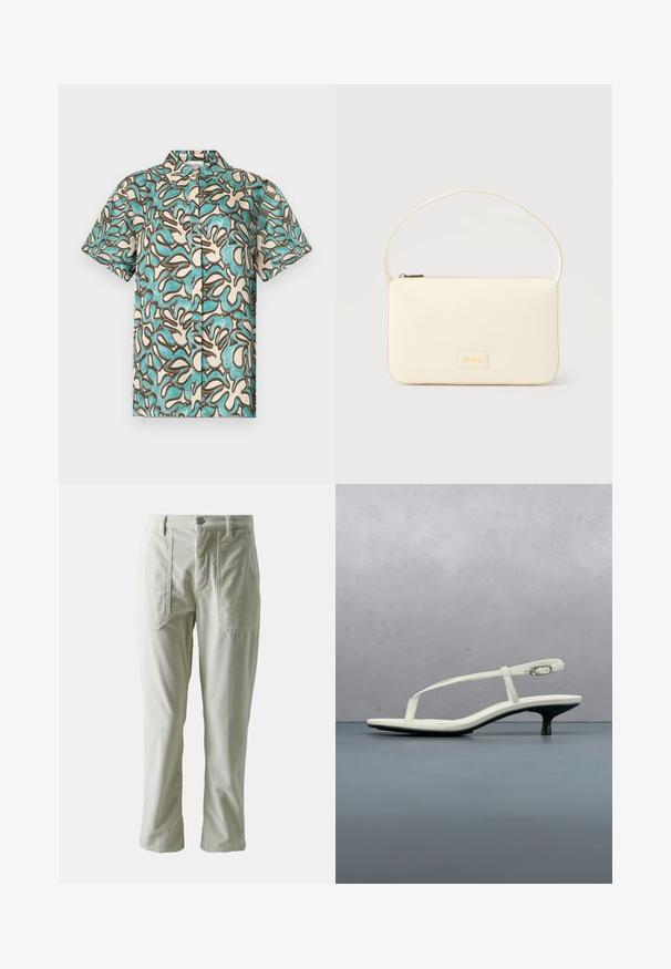 Camisa de manga corta en crema con patrón abstracto azul y marrón, que presenta un cierre de botones en la parte delantera y un cuello clásico. Textura de tela suave.; Pantalones de corduroy verde claro con corte recto, que cuentan con bolsillos frontales y cierre de botón. Tejido texturizado con estrías verticales.; Sandalia blanca de tacón kitten con tiras y punta afilada, flotando sobre un suelo de baldosas de madera al aire libre, con un fondo desenfocado de plantas y pared.; Bolso rectangular color crema con una sola correa y cremallera superior, con una pequeña placa de logotipo en relieve en el frente.