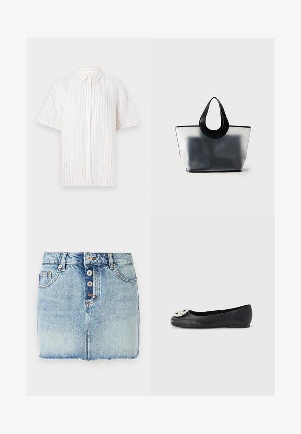 Chemise à manches courtes, boutonnée, de couleur beige clair avec de fines rayures verticales. Fabriquée en tissu léger, avec un col classique et un ourlet droit.; Mini-jupe en jean bleu clair avec fermeture à boutons sur le devant, passants pour ceinture et ourlet brut.; Ballerine plate en cuir noir avec bout arrondi, ornée d'un logo métallique brillant à l'avant et d'une semelle en caoutchouc plate.; Sac tote gris translucide avec poignées noires arrondies embossées du nom de la marque, montrant un contenu sombre flou à l'intérieur.