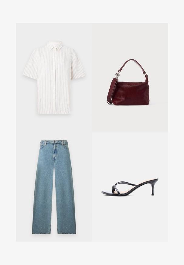 Chemise à manches courtes, boutonnée, de couleur beige clair avec de fines rayures verticales. Fabriquée en tissu léger, avec un col classique et un ourlet droit.; Jean en denim bleu clair à jambes larges avec une taille haute, passants pour ceinture, fermeture avant par bouton et zip sur fond blanc.; Sandale à talon en cuir verni noir avec fines lanières croisées et talon aiguille moyen et élancé sur fond blanc.; Petit sac à main rectangulaire bordeaux avec finition texturée, poignée courte et bandoulière amovible sur un fond clair uni.