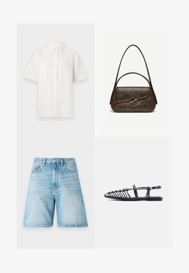 Kortærmet skjorte med knapper i lys beige med fine lodrette striber. Fremstillet af letvægtsstoffer med klassisk krave og lige kant.; Lyseblå denimshorts med afslappet pasform, der har fem lommer, bæltestropper og en falmet tekstur. Kanten er lige og syet.; Sort flad sandal med flere tynde remme, ankelrem med spænde og åben tå-burdesign på hvid baggrund.; Mørkebrun tekstureret læderhåndtaske med to stropper, afrundet rektangulær form og sølvfarvet cirkulært låsespænde på frontklap.