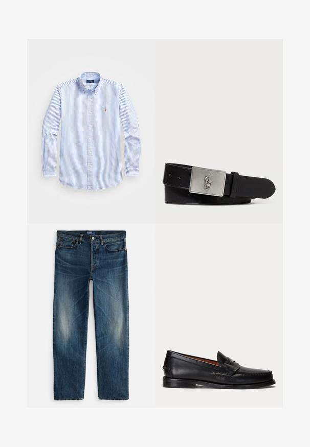 Chemise boutonnée à rayures bleu clair et blanches, avec un col, des manches longues et un petit logo sur la poitrine. Matière en coton.; Jean en denim bleu indigo avec une coupe droite, un style cinq poches, et un léger effet délavé sur les cuisses. Fermeture par bouton en métal et fermeture éclair.; Mocassin en cuir noir avec un petit talon et une bride penny, vu de côté sur un fond gris clair.; Ceinture en cuir noir avec une boucle en métal argenté rectangulaire ornée d'un logo embossé de cavalier, texture lisse et cinq trous.