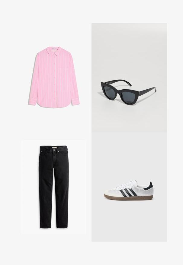 Chemise rose à manches longues avec des rayures verticales blanches, col, poche avant et poignets ornés de détails à rayures assorties.; Jeans noirs à jambe droite avec fermeture à bouton et à zip, passants de ceinture et poches avant et arrière, présentés à plat sur un fond blanc.; Baskets en mesh blanc avec des rayures noires, un embout en daim beige et un accent sur le talon, semelle en caoutchouc texturée, et lacets blancs. Design classique à tige basse.; Lunettes de soleil noires en forme de œil de chat avec des verres foncés, une monture en plastique brillant et des bords angulaires. Marque visible sur la branche gauche.