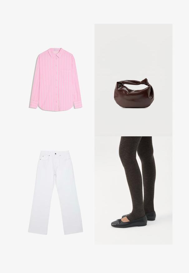 Chemise rose à manches longues avec des rayures verticales blanches, col, poche avant et poignets ornés de détails à rayures assorties.; Jean droit blanc avec cinq poches, passants de ceinture et fermeture avant par bouton et zip, posé à plat sur un fond blanc.; Jambes portant des leggings côtelés foncés associés à des ballerines noires avec de petits détails en nœud sur fond blanc.; Sac bandoulière en cuir marron foncé avec une forme souple et décontractée et une anse nouée torsadée sur un fond blanc uni.