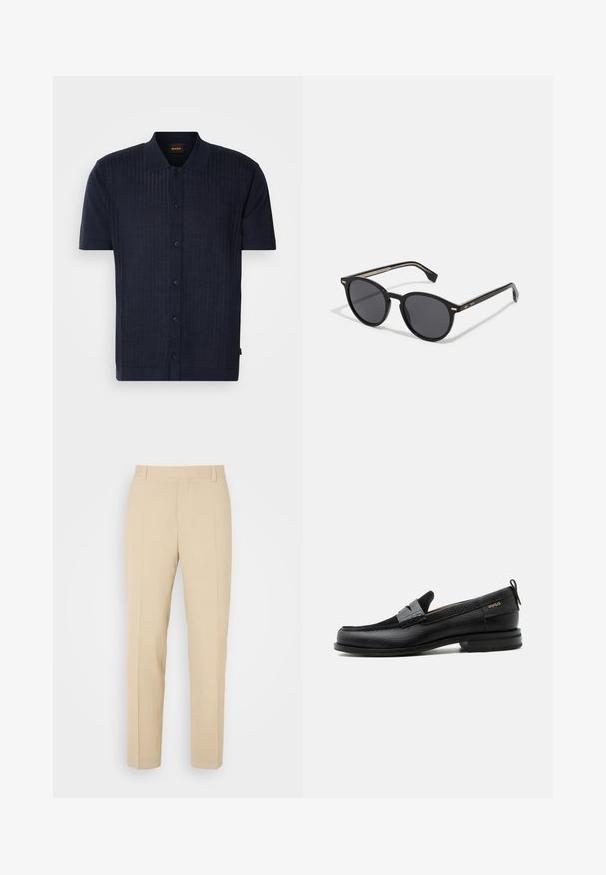 Polo shirt navy à manches courtes fabriqué en tissu tricoté texturé avec des côtes verticales, un col et une fermeture à boutons sur le devant.; Pantalons beige ajustés avec une coupe droite, fabriqués en tissu léger, dotés de deux poches avant et de plis bien repassés.; Mocassin en cuir noir avec détail de bride grise, talon bas et semelle texturée, marqué "HUGO" en or sur le côté.; BOSS Lunettes de soleil - black