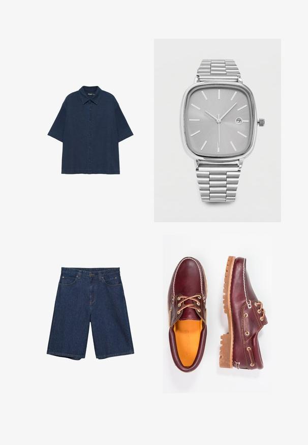 Chemise bleu marine à manches courtes avec boutons, col pointu et coupe décontractée, présentée sur fond blanc.; Shorts en denim bleu foncé longueur genou avec bouton avant, fermeture éclair, passants pour ceinture et design à cinq poches.; Chaussures en cuir bourgogne avec semelles en caoutchouc marron, bout rond, couture blanche et œillets dorés. L'intérieur présente une doublure jaune.; Montre-bracelet analogique en métal argenté avec un cadran carré, des index horaires minimalistes, trois aiguilles et une fenêtre de date affichant le 7.