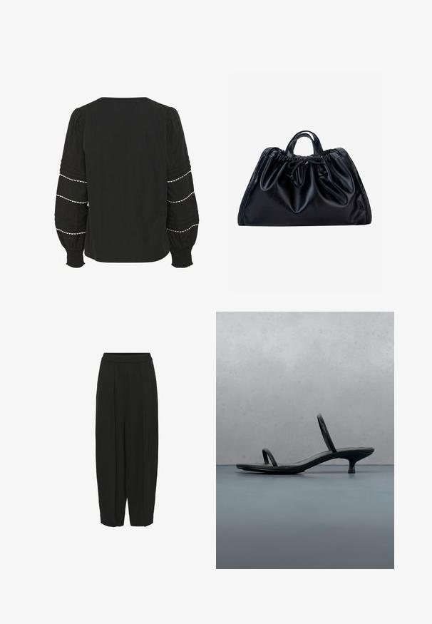 Blouse noire avec des manches bouffantes, ornée de plis texturés et d'un ourlet en dentelle blanche. Poignets élastiques et design simple au dos.; Pantalon noir ample avec taille élastique, devant plissé et jambes larges légèrement fuselées, présenté sur un fond blanc uni.; Sandale à talon Calvin Klein noire avec des lanières fines, posée sur des carreaux en bois en plein air près d'un mur et de la verdure.; Sac à main en cuir noir avec haut froncé, petites poignées doubles et fermeture par cordon noué au centre devant sur fond blanc.
