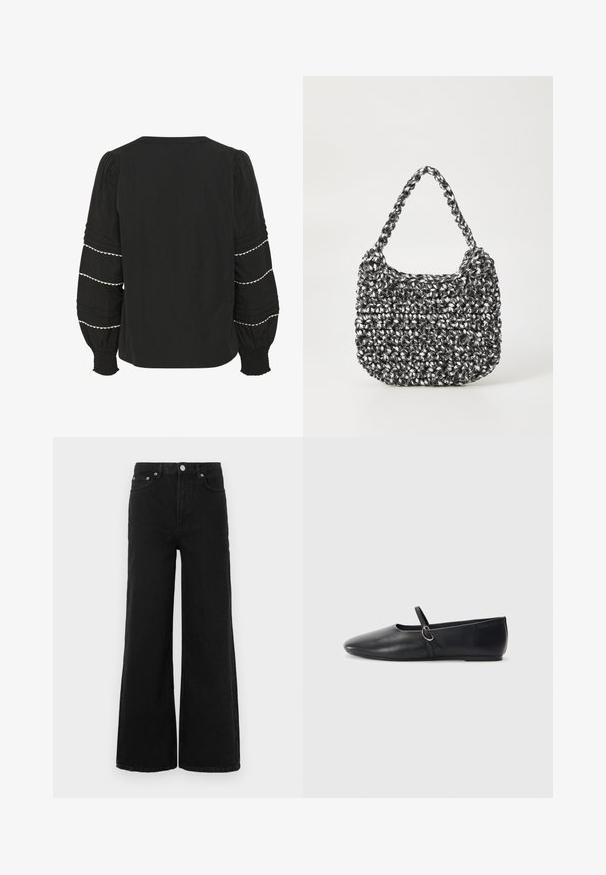 Blouse noire avec des manches bouffantes, ornée de plis texturés et d'un ourlet en dentelle blanche. Poignets élastiques et design simple au dos.; Jean noir à jambes larges en denim ; doté d'une taille haute, de poches avant et d'une fermeture par bouton. Aucun motif ni ornement visible.; Ballerines noires en cuir avec un bout pointu, une semelle plate et une petite sangle avec un détail de boucle en argent.; Sac en osier noir et blanc de forme arrondie, avec une surface texturée et une poignée tressée. Convient à un usage décontracté.