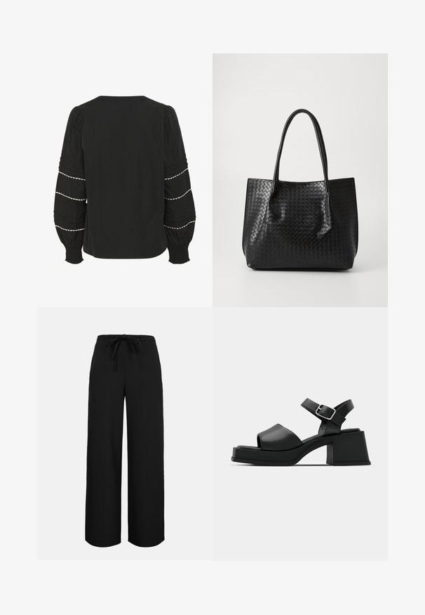 Blouse noire avec des manches bouffantes, ornée de plis texturés et d'un ourlet en dentelle blanche. Poignets élastiques et design simple au dos.; Pantalon noir à jambes larges avec une taille haute et une ceinture à cordon nouée, présenté sur un fond clair uni.; Sandales plateforme noires en cuir avec un design à bout ouvert, une bride à la cheville et un talon carré large. Texture lisse et style minimaliste.; Sac de tote en cuir tressé noir avec deux poignées, forme structurée et finition légèrement brillante sur un fond clair.