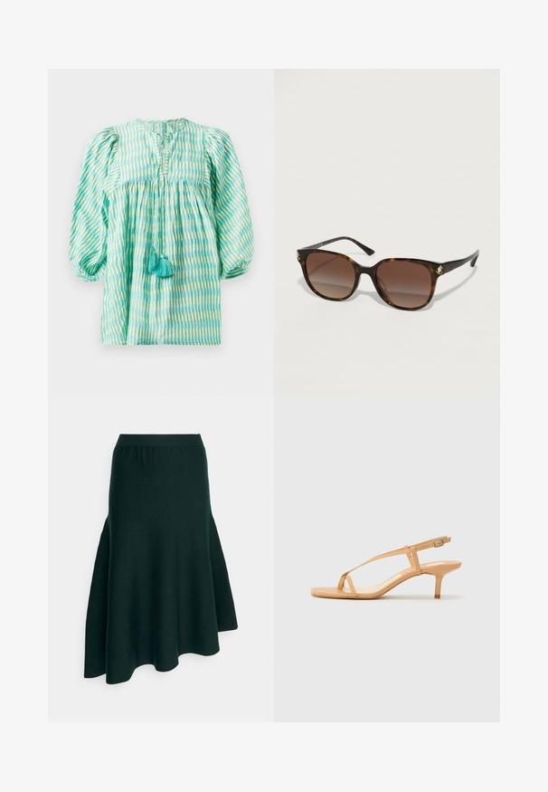 Blusa ligera a rayas en tonos verde azulado y verde con mangas abullonadas, cintura fruncida, escote con abertura y dos borlas turquesa en la parte delantera.; Vanessa Bruno BENEDETTA - Falda acampanada - vert; Sandalias de tacón desnudas con tiras, que cuentan con una fina correa en el tobillo, una superficie lisa y un tacón afilado de 5 cm. Diseño minimalista con una base de dedo plana.; Gafas de sol de carey con forma cuadrada, lentes de gradiente marrón, acentos dorados en la montura y textura de plástico suave.