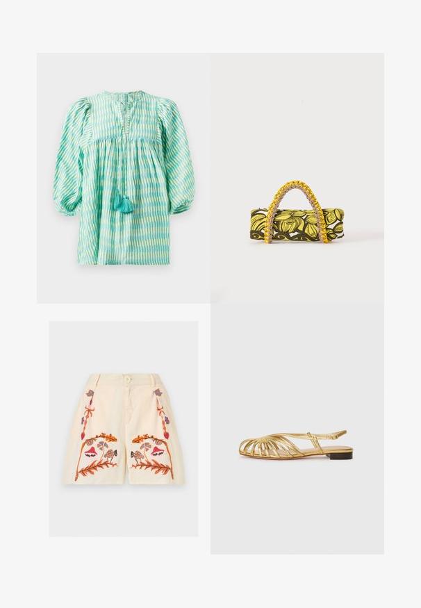 Letthåndterlig bluse i teal og grønt med striber, puffede ærmer, samlet talje, nøglehul-udskæring og to turkise kvaster foran.; Kremfarvede shorts med frontknap, lynlås og broderede symmetriske blomster- og svampemønstre i orange, pink, blå og brun.; Guldmetallisk flad sandal med åbent tådesign, der har krydssnøringer og en lav hæl. Glat tekstur og minimalistiske detaljer.; Rektangulær taske med gult og sort blomsterprint og flettet gul og pink hank på hvid baggrund.