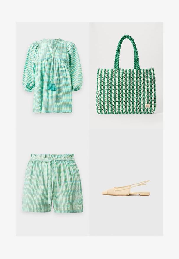 Blusa ligera a rayas en tonos verde azulado y verde con mangas abullonadas, cintura fruncida, escote con abertura y dos borlas turquesa en la parte delantera.; Pantalones cortos ligeros con una cinturilla elástica fruncida, que presentan rayas verticales alternas en verde y blanco, con un cinturón atado.; Zapato plano tipo slingback en beige claro con parte superior de malla, punta afilada y tacón bajo. Cuenta con una correa ajustable para un mejor ajuste.; Bolso tote trenzado en verde y blanco con una forma rectangular estructurada, acabado texturizado y dos asas resistentes. Presenta una etiqueta con el logo en el costado.
