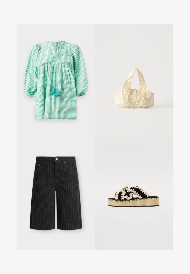 Lichtgewicht blouse in teal en groen met gestreepte patronen, met opgeblazen mouwen, geraffineerde taille, keyhole-halslijn en twee turquoise kwastjes aan de voorkant.; Zwarte denim shorts tot op de knie met verticale witte krijtstrepen, vooraan met knoop- en ritssluiting en voorzakken.; Zwarte espadrille sandalen met geborduurde beige accenten, gevlochten jute zool en verstelbare gespband; het vlakke zoolontwerp verhoogt het comfort.; Handtas van crèmekleurige gestructureerde stof met bovenhandvatten en een klein geknoopt strikje middenvoor.