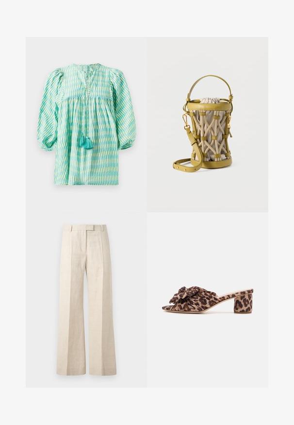 Letthåndterlig bluse i teal og grønt med striber, puffede ærmer, samlet talje, nøglehul-udskæring og to turkise kvaster foran.; Beige bukser med høj talje og lige ben med forreste folder, bæltestropper og skjult forstykke.; Leopardprint hæl mules med plisseret overdel og blomsterdetalje. Åben tå-design og en mellem stor blokhæle med struktureret mønster.; Gul læder bucket taske med beige stofindvendigt og indflettet tyk rebdesign, med en topstrop og justerbar skulderrem.