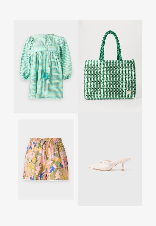 Letthåndterlig bluse i teal og grønt med striber, puffede ærmer, samlet talje, nøglehul-udskæring og to turkise kvaster foran.; Shorts med elastisk talje og snøre, flerfarvet blomsterprint i pink, gul, blå og grøn, og med små hvide pomponer ved kanten.; Mulesko i lyst beige stof med et knyttet design foran, spids tå og en slank, tilspidset hæl. Glat tekstur over det hele.; Grøn og hvid vævet tote taske med en struktureret rektangulær form, tekstureret overflade og to robuste håndtag. Har en logotag på siden.