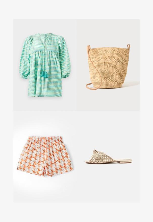 Lichtgewicht blouse in teal en groen met gestreepte patronen, met opgeblazen mouwen, geraffineerde taille, keyhole-halslijn en twee turquoise kwastjes aan de voorkant.; Witte shorts met een oranje palmbladerenpatroon, elastische tailleband en een losse pasvorm. Gemaakt van lichtgewicht stof, geschikt voor warm weer.; Platte slippersandaal met brede beige gevlochten bandjes die over de voet kruisen en een lage gestapelde hak tegen een witte achtergrond.; Gevlochten strooien bucket bag met een gestructureerd patroon en leren riem, rechtopstaand weergegeven op een egale lichte achtergrond.