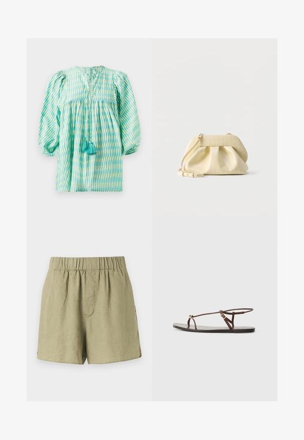 Blusa ligera a rayas en tonos verde azulado y verde con mangas abullonadas, cintura fruncida, escote con abertura y dos borlas turquesa en la parte delantera.; Shorts de lino verde claro con cintura elástica, bolsillos laterales y un ajuste relajado. Presenta una tela suave y ligeramente texturizada.; Sandalia de cuero marrón con tiras finas, un acento circular dorado y suela plana. Diseño minimalista con un detalle de hebilla ajustable.; Pequeño bolso de mano de cuero amarillo pálido con frente fruncido, herrajes dorados y correa de hombro ajustable sobre fondo blanco.