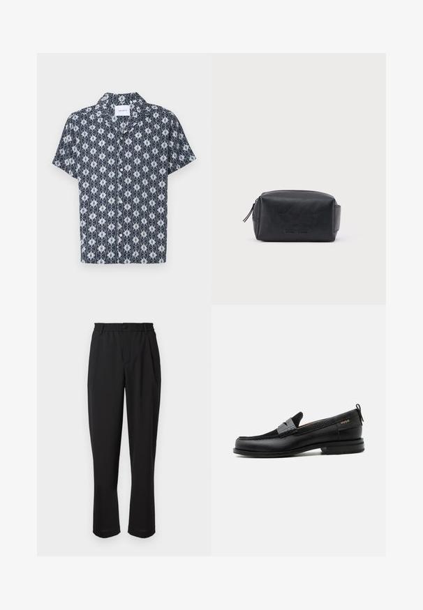 Kurzarmhemd aus navyblauem Stoff mit einem weißen und hellblauen aufwendigen Muster, mit Knopfverschluss und Kragen.; Schwarze Hose mit einem elastischen Bund, Knopfverschluss und geradem Beinansatz. Glattes Material, keine sichtbaren Muster oder Akzente.; Schwarzer Lederloafer mit grauem Riemendetail, niedrigem Absatz und strukturierter Sohle, seitlich mit „HUGO“ in Gold gebrandmarkt.; Schwarze, rechteckige Leder-Kosmetiktasche mit Reißverschluss und geprägt eingraviertem Markennamen auf der Vorderseite, vor einem schlichten weißen Hintergrund.