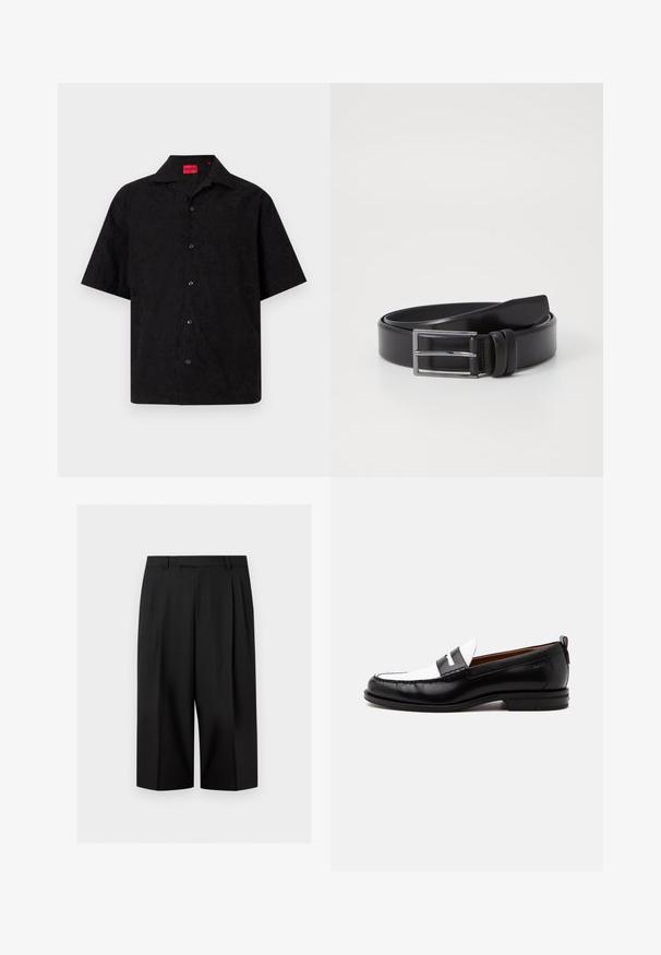 Chemise noire à manches courtes boutonnée avec une broderie florale subtile et une étiquette rouge HUGO à l'intérieur du col.; Pantalon noir à jambes larges et courtes avec passants de ceinture et plis avant, présenté sur un fond clair uni.; Mocassin en cuir noir et blanc avec des détails cousus, un petit talon et un design slip-on, présenté de profil sur un fond uni.; Ceinture en cuir noir au toucher lisse, dotée d'une boucle rectangulaire en argent et d'un double détail de broche. Design classique et polyvalent.