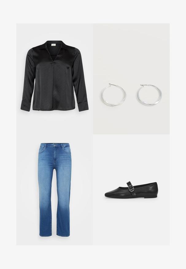 Schwarze Satinbluse mit V-Ausschnitt, langen Ärmeln und dezentem gepunktetem Muster. Verfügt über einen klassischen Kragen und geknöpfte Manschetten für einen eleganten Look.; Hellblaue Jeans aus Denim mit geradem Schnitt, Fünf-Taschen-Design und einem ausgeblichenen Effekt am Saum. Knopfverschluss an der Taille.; Schwarzer Lederflatschuh mit runder Zehenform, einem verstellbaren Schnallenriemen und einer glatten, glänzenden Oberfläche. Minimalistisches Design mit einem niedrigen Absatz.; Silberne Metallcreolen mit glatter, leicht gebogener Oberfläche und Klappverschluss vor schlicht weißem Hintergrund.