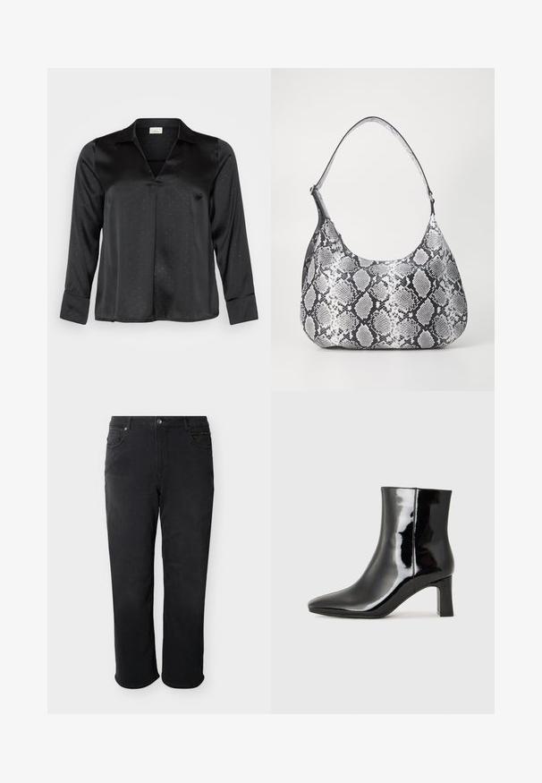 Schwarze Satinbluse mit V-Ausschnitt, langen Ärmeln und dezentem gepunktetem Muster. Verfügt über einen klassischen Kragen und geknöpfte Manschetten für einen eleganten Look.; Schwarze Jeans mit geradem Bein, Gürtelschlaufen, Knopfverschluss sowie Vorder- und Gesäßtaschen, präsentiert vor weißem Hintergrund.; Schwarzer Lackleder-Stiefelette mit spitzer Zehe und einem mittelhohen Blockabsatz. Glatte Textur und minimalistisches Design.; Schultertasche im schwarz-weißen Schlangenprint mit runder Form, glatter Textur und gebogenem Tragegurt. Mit einem silbernen Hardware-Akzent.