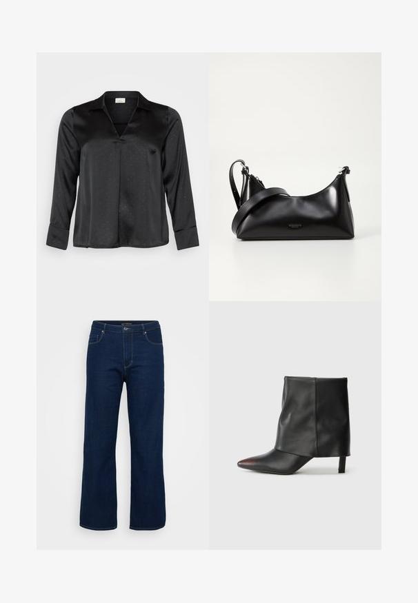 Zwarte satijnen blouse met een V-hals, lange mouwen en een subtiele stippenpatroon. Voorzien van een klassieke kraag en knoopmanchetten voor een verzorgde uitstraling.; Donkerblauwe denim jeans met een rechte snit, voorzien van een ritsgulp, vijf zakken en zichtbare stikseldetails.; Zwarte enkellaars van glad leer met een puntige neus en een taps toelopende hak. Het bovenwerk heeft een licht geplooid ontwerp.; Zwarte leren handtas met een gladde textuur. Beschikt over een verstelbare schouderband en een strak, minimalistisch ontwerp met een ritssluiting.