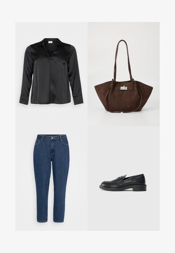 Schwarze Satinbluse mit V-Ausschnitt, langen Ärmeln und dezentem gepunktetem Muster. Verfügt über einen klassischen Kragen und geknöpfte Manschetten für einen eleganten Look.; Dunkelblaue, hochgeschnittene, gerade Jeans aus Denim mit Fronttaschen, Gürtelschlaufen, Metallknopf und Reißverschluss auf weißem Hintergrund.; Schwarze Lederloafers mit abgerundetem Zehenbereich, genähten Details und kleinem Absatz. Glatte Textur und eine flexible Gummisohle.; Braune Wildleder-Tasche mit strukturierter Form, ausgestattet mit einem silbernen Metallverschluss und zwei Schulterriemen. Glatte Textur mit Akzentnähten.