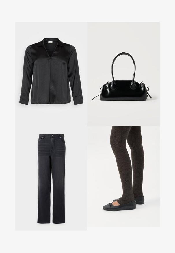 Zwarte satijnen blouse met een V-hals, lange mouwen en een subtiele stippenpatroon. Voorzien van een klassieke kraag en knoopmanchetten voor een verzorgde uitstraling.; Zwarte jeans met rechte pijpen, voorzakken en riemlussen, getoond tegen een effen witte achtergrond.; Benen met donkere geribbelde leggings gecombineerd met zwarte ballerina's met kleine strikdetails op een witte achtergrond.; Kleine zwarte glanzende handtas met twee lange hengsels en zijkant trekkoord details op een effen lichte achtergrond.