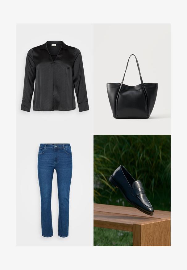 Schwarze Satinbluse mit V-Ausschnitt, langen Ärmeln und dezentem gepunktetem Muster. Verfügt über einen klassischen Kragen und geknöpfte Manschetten für einen eleganten Look.; Blaue Denim-Jeans mit geradem Beinschnitt, kontrastierenden Nähten, fünf Taschen und einem Metallknopfverschluss an der Taille.; Schwarzer Ledermokassin, balanciert am Rand einer Holzbank im Freien mit grünem Laub im Hintergrund.; Schwarze Ledertasche mit zwei langen Henkeln und einem leicht gebogenen oberen Rand, vor einem schlichten hellen Hintergrund präsentiert.