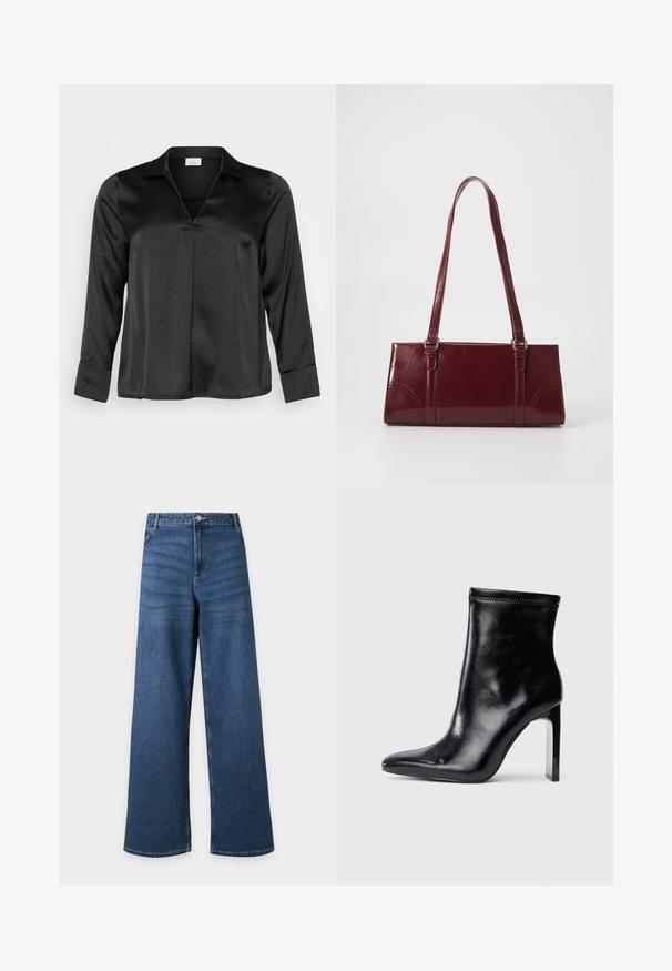 Schwarze Satinbluse mit V-Ausschnitt, langen Ärmeln und dezentem gepunktetem Muster. Verfügt über einen klassischen Kragen und geknöpfte Manschetten für einen eleganten Look.; Blaue Jeans mit weitem Bein, vorne mit Knopf- und Reißverschluss, vorderen Taschen und Gürtelschlaufen, flach auf hellem Hintergrund liegend dargestellt.; Schwarze Lederstiefelette mit spitzem Zeh und hohem, transparentem Absatz. Glatte Oberfläche und minimales Nähdetail an der Oberseite.; Burgunderfarbene Handtasche aus glänzendem Material, rechteckige Form, mit zwei Schulterriemen und subtilen, geschwungenen Akzenten an der Vorderseite.