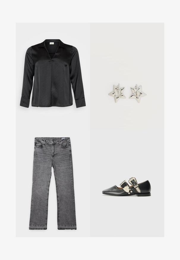 Schwarze Satinbluse mit V-Ausschnitt, langen Ärmeln und dezentem gepunktetem Muster. Verfügt über einen klassischen Kragen und geknöpfte Manschetten für einen eleganten Look.; Gerade geschnittene graue Jeans aus Denim mit fünf Taschen, sichtbaren Nähten, Gürtelschlaufen, Knopf und Reißverschluss, flach auf weißem Hintergrund liegend.; Schwarze Lederflachschuhe mit spitzem Zehenbereich, silbernen Schnallenakzenten und dekorativen Nieten. Sie verfügen über einen niedrigen Absatz und eine glatte Textur.; Silberne, sternförmige Creolen mit einer glatten, polierten Oberfläche auf weißem, schlichtem Hintergrund.