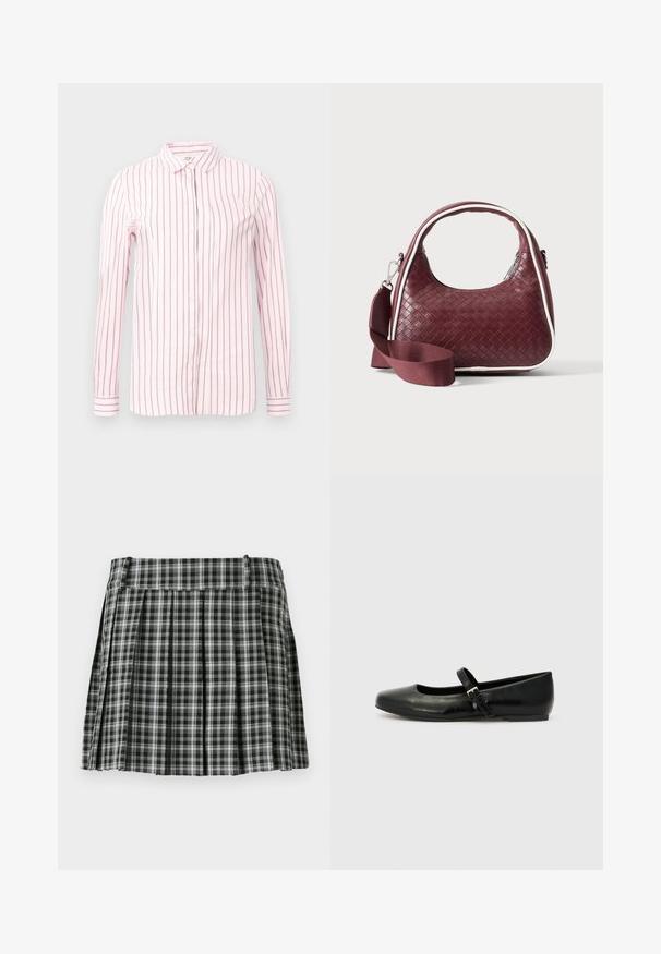 Camisa rosa clara con rayas verticales color granate, de mangas largas, con cierre de botones en la parte delantera y un cuello clásico. Tejido suave y diseño ajustado.; Falda plisada de cuadros en blanco y negro con una cintura suave y múltiples pliegues verticales. Fabricada en un tejido ligero.; Bailarinas de cuero negro con punta redondeada, suela plana y una delgada correa ajustable en el empeine que cuenta con una hebilla de metal.; Bolso de mano de cuero tejido color granate con asa curva, ribete blanco, cremallera plateada y correa desmontable de tela ancha para el hombro sobre fondo liso.