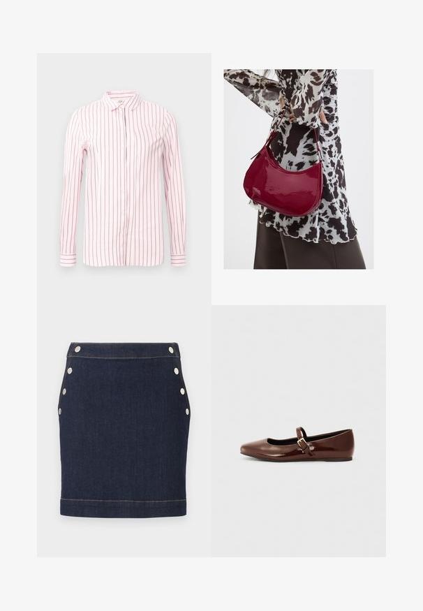 Lys pink skjorte med lodrette maroon striber, lange ærmer, knap-åbning foran og klassisk krave. Glat stof og tætsiddende design.; Mørkeblå denim mini nederdel med seks sølvfarvede trykknapper, tre på hver side, og synlige lysebrune syninger ved talje og kant.; Brun patentlæder balletflade med firkantet tå og strop med en lille guldbuckle. Glat tekstur, lav hæl og minimalistisk design.; Kvinde iført en sort- og hvidmønstret bluse, der holder en blank rød skuldertaske mod en ensfarvet baggrund.
