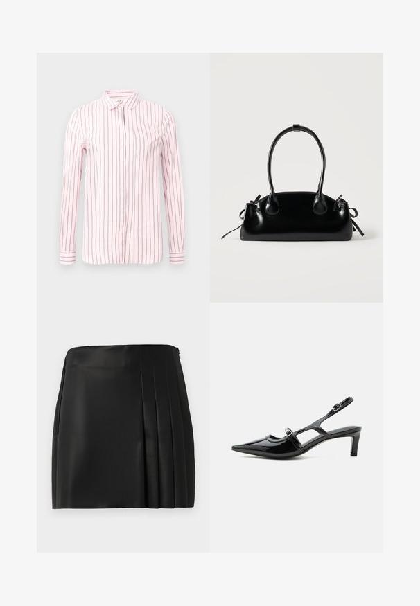 Camisa rosa clara con rayas verticales color granate, de mangas largas, con cierre de botones en la parte delantera y un cuello clásico. Tejido suave y diseño ajustado.; Mini falda de piel sintética negra con un frente liso y detalle plisado en el lado derecho, que cuenta con un cierre de cremallera en la parte posterior.; Zapato slingback de charol negro con punta puntiaguda, tacón bajo y dos correas ajustables con hebillas, mostrado de perfil lateral.; Pequeño bolso negro brillante con dos asas largas y detalles de cordón lateral sobre un fondo claro liso.