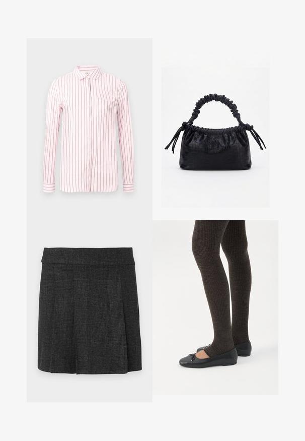 Camisa rosa clara con rayas verticales color granate, de mangas largas, con cierre de botones en la parte delantera y un cuello clásico. Tejido suave y diseño ajustado.; Falda negra con pliegues hecha de tejido texturizado. Cintura de altura media con líneas limpias. Corte clásico adecuado para diversas ocasiones.; Piernas con leggings oscuros acanalados combinados con bailarinas negras que presentan pequeños detalles de lazo sobre un fondo blanco.; Bolso negro con textura de cocodrilo, borde superior fruncido, asa recogida y cordones con borlas en cada lado sobre un fondo blanco.