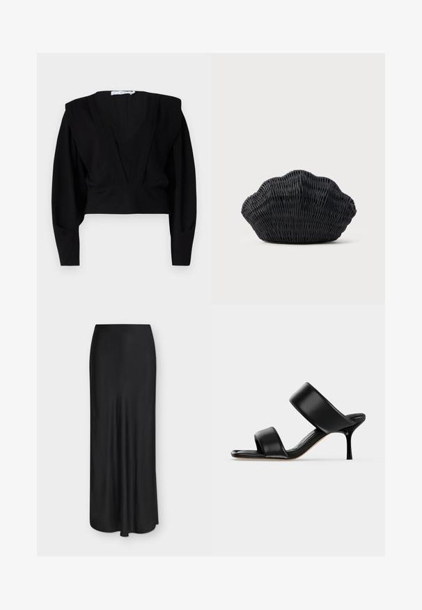 Sort cropped bluse med dyb V-udskæring, lange ærmer og strukturerede skuldre. Fremstillet af blødt, mat stof med minimal detaljer.; Sort satinnederdel i fuld længde med silhuet, der er glat og let udvidet, samt høj talje, vist på en lys baggrund.; Sort læder mule sandal med to brede remme og en slank mellemhøj stiletthæl på en ensartet lys baggrund.; Sort flet håndtaske formet som en muslingeskal med en buet top og flettet tekstur på en ensfarvet baggrund.