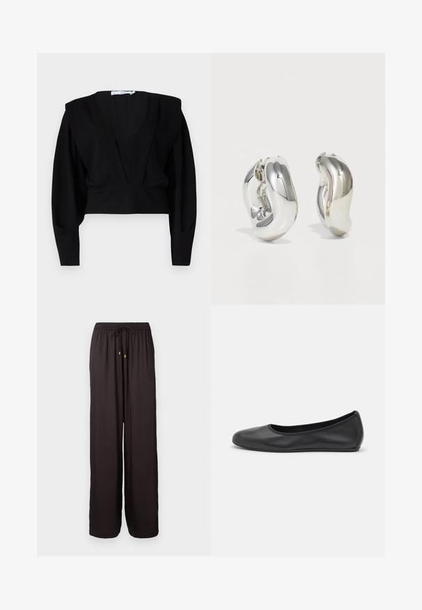 Sort cropped bluse med dyb V-udskæring, lange ærmer og strukturerede skuldre. Fremstillet af blødt, mat stof med minimal detaljer.; Sorte, løstsiddende bukser med elastisk talje og snøre med guldfarvede spidser, fuldlængde og lige ben.; Sort læderballetsko med rund tå, glat tekstur, minimal syning og et fleksibelt såldesign.; Sølvskulpturelle øreringe med glatte, buede former og reflekterende overflader. Har et lukket hoop-design og en markant organisk form.