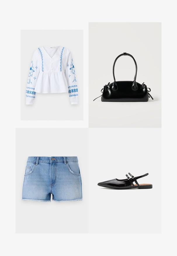 Blouse blanche à manches longues, col en V, broderie florale bleue sur les manches et le devant, patte de boutonnage, et taille froncée.; Shorts en denim bleu clair, présentant un ourlet effiloché, un design cinq poches et une fermeture à bouton en métal à la taille.; Des chaussures slingbacks en cuir verni noir présentent un bout pointu, deux sangles avec des accents de boucle, et une semelle plate.; Petit sac à main noir brillant avec deux longues anses et des détails à cordon sur les côtés sur un fond clair uni.