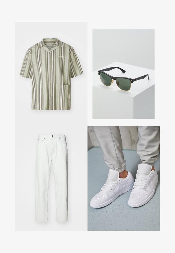Chemise à manches courtes à boutons de couleur vert clair avec des rayures verticales vert foncé et blanches. Elle dispose de deux poches avant et d'un col à revers.; Jean en denim blanc avec une coupe droite, design à cinq poches, fermeture à bouton et détails de coutures subtils. Texture lisse et style minimaliste.; Des baskets en cuir blanc présentent une zone de perforation à l'avant, des lacets plats, un col rembourré et le logo Jordan sur la languette. Portées avec un pantalon de jogging gris.; Lunettes de soleil Ray-Ban avec des verres verts, monture en plastique noir et accents dorés sur les bords. Forme carrée avec une finition mate.