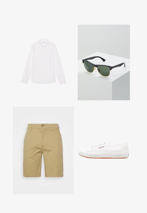 Chemise blanche à manches longues, en coton. Présente un col classique, des boutons sur le devant et une texture lisse sans motifs visibles.; Shorts kaki en tissu mélangé coton, avec une fermeture à bouton, deux poches latérales et un ourlet piqué. Design classique à coupe droite.; Baskets en toile blanches avec une semelle en caoutchouc, design à lacets et une petite étiquette logo sur le côté. Tige blanche texturée et semelle extérieure marron.; Lunettes de soleil Ray-Ban avec des verres verts, monture en plastique noir et accents dorés sur les bords. Forme carrée avec une finition mate.
