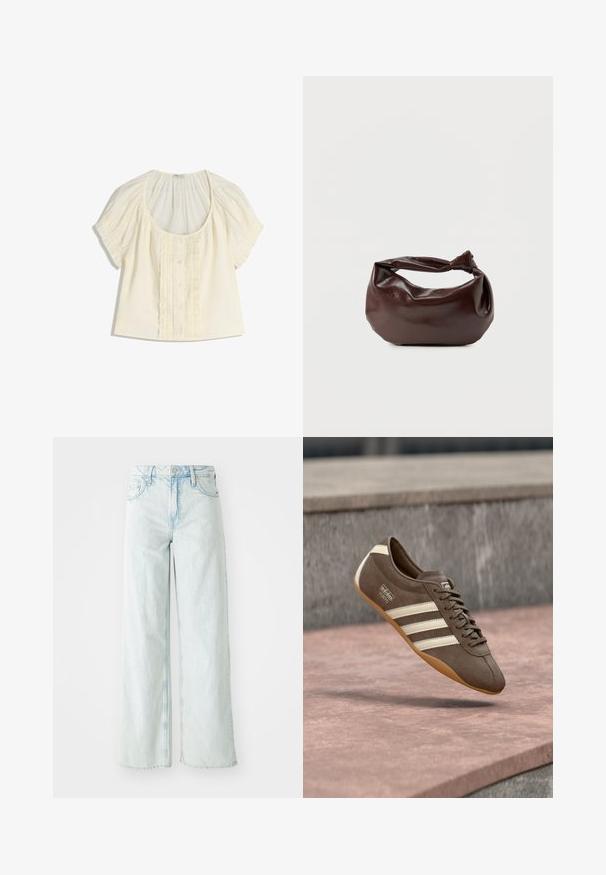 Chemisier boutonné en crème clair. Comprend des manches courtes bouffantes, un décolleté arrondi, et un devant texturé avec des volants et des boutons. Tissu doux.; Jean en denim de couleur bleu clair, taille haute et jambes larges. Comprend cinq poches et une fermeture à bouton. Texture usée sur les cuisses.; Baskets en daim marron avec des rayures blanches et un logo, dotées d'un bout rond et d'une semelle en caoutchouc gomme, suspendues au-dessus d'une surface texturée.; Sac bandoulière en cuir marron foncé avec une forme souple et décontractée et une anse nouée torsadée sur un fond blanc uni.