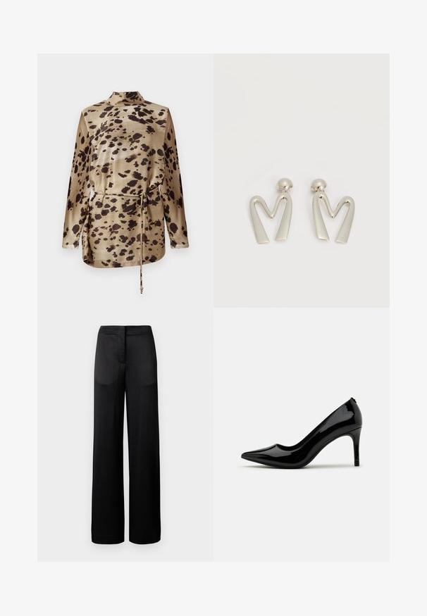 Blouse à manches longues en satin beige à motif léopard, dotée d'un col montant, d'une taille à cordon et d'une texture lisse et brillante.; Pantalons noirs à jambes larges avec une surface texturée, dotés d'une taille plate et de deux poches latérales. Le tissu semble léger et fluide.; Pump à talon haut en cuir verni noir avec un bout pointu et une silhouette épurée, présentant une texture lisse et un design minimaliste.; Paire de boucles d'oreilles en métal argenté en forme de lettre M angulaire avec des tiges arrondies sur fond blanc.