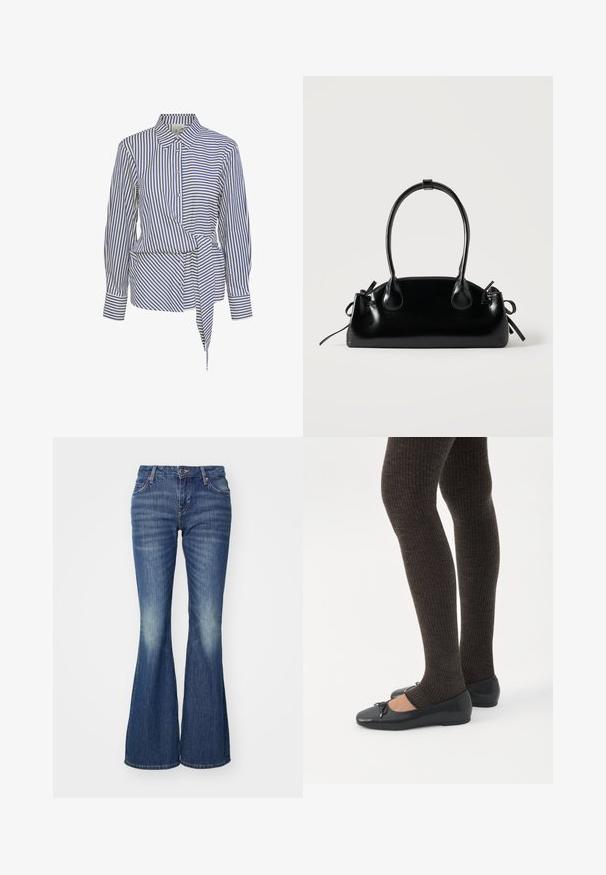 Blouse blanche avec des rayures verticales bleues, un col pointu, des manches longues et un détail de taille nouée. Boutonnage à l'avant, coupe cintrée, tissu léger.; Jean bleu évasé en denim avec un effet délavé, présentant des poches classiques et une fermeture à un bouton.; Jambes portant des leggings côtelés foncés associés à des ballerines noires avec de petits détails en nœud sur fond blanc.; Petit sac à main noir brillant avec deux longues anses et des détails à cordon sur les côtés sur un fond clair uni.