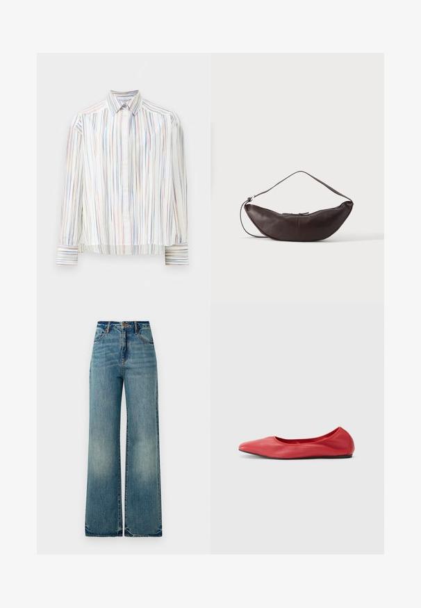 Gestreifte Bluse mit weißem Grund, versehen mit schmalen, mehrfarbigen Linien in Blau, Orange und Grün. Lange Ärmel und klassischer Kragen.; Hellblaue, weite Denim-Jeans im Vintage-Stil mit hoher Taille, fünf Taschen und leicht ausgefransten Säumen, die eine strukturierte, verblasste Optik zeigen.; Filippa K REY FLATS - Klassischer Ballerina - bright red; Dunkelbraune Leder-Schultertasche in Halbmondform mit gebogenem Riemen und sichtbarer Naht auf schlichtem Hintergrund.