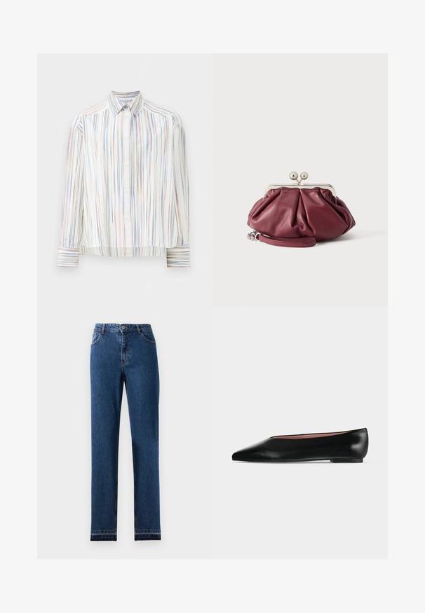 Camisa de botones a rayas con base blanca, que presenta líneas multicolores estrechas en azul, naranja y verde. Mangas largas y cuello clásico.; Jeans de mezclilla azul con diseño de pierna recta, cinco bolsillos y cierre de botón. Presentan costuras en contraste y un ligero desgaste.; Zapato plano negro de cuero para mujer con punta puntiaguda y tacón bajo, mostrado de lado sobre un fondo liso gris claro.; Pequeño bolso de mano de cuero burdeos con cierre metálico plateado y correa de muñeca sobre fondo blanco.